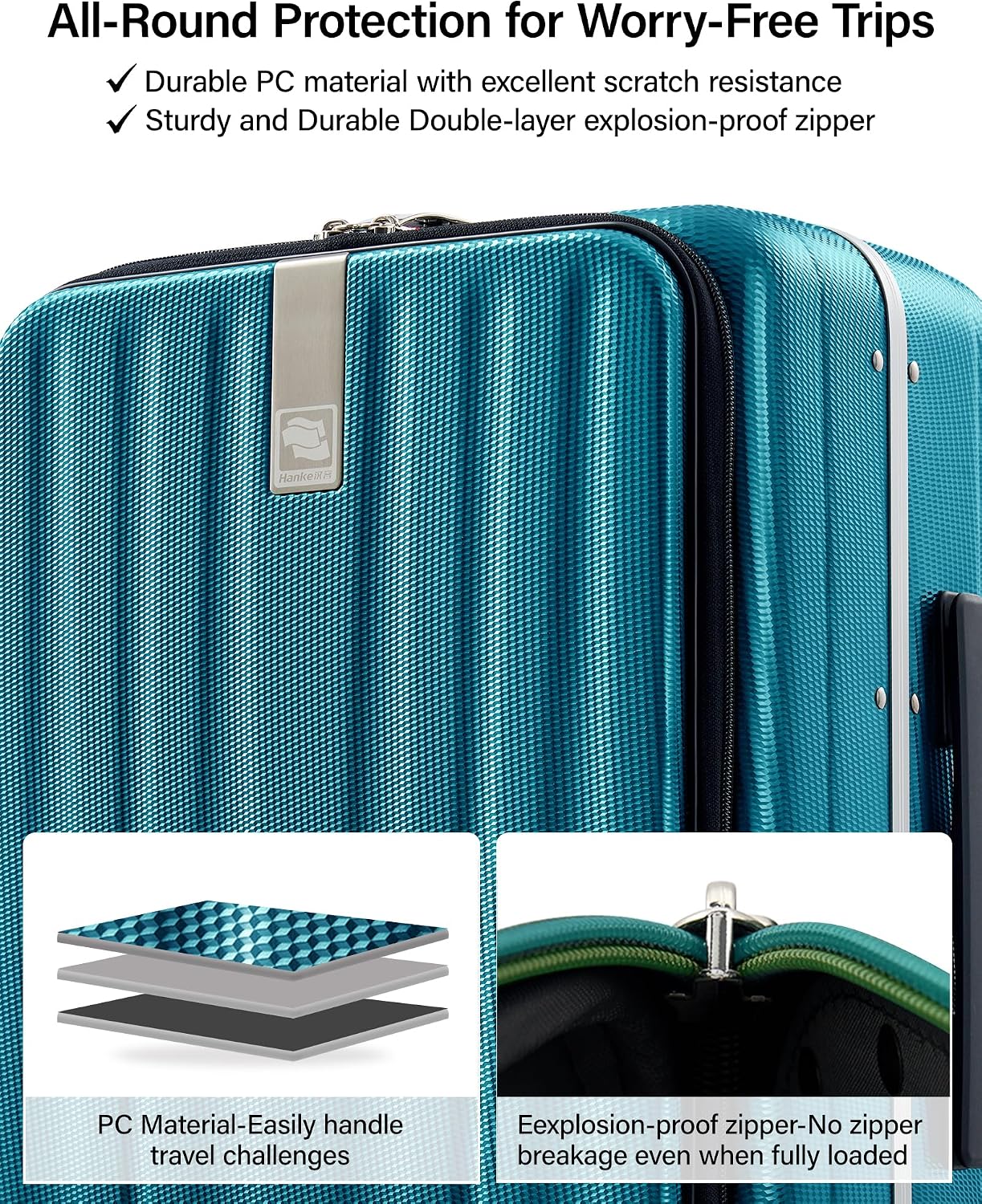 Hanke 20 Inch Carry On Luggage Hard Shell Top Opening Aluminum Frame Hardside Suitcase with Spinner Wheels, Durable Rolling Luggage for Men & Women Travel, Christmas & Birthday Gifts, Caribbean Blue