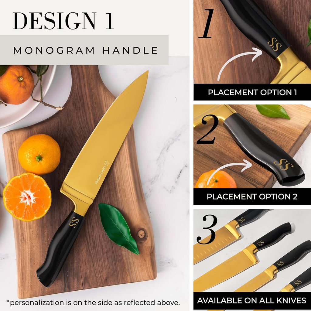Personalized Black and Gold Knife Set with Block and Sharpener – 14-Piece Custom Engraved Titanium-Coated Gold Knives – Full Tang, Stainless Steel, Ergonomic, Gift-Ready