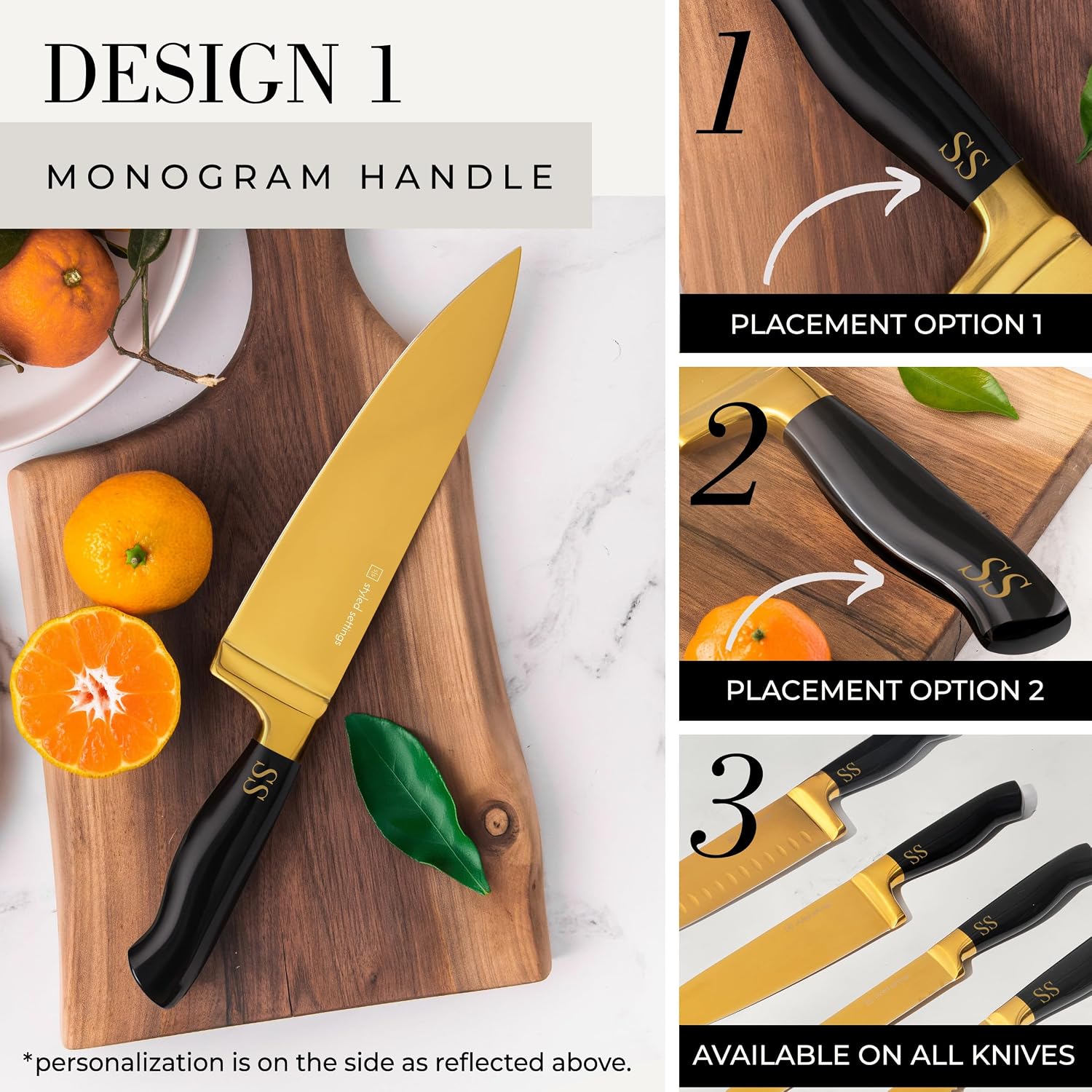 Personalized Black and Gold Knife Set with Block and Sharpener – 14-Piece Custom Engraved Titanium-Coated Gold Knives – Full Tang, Stainless Steel, Ergonomic, Gift-Ready