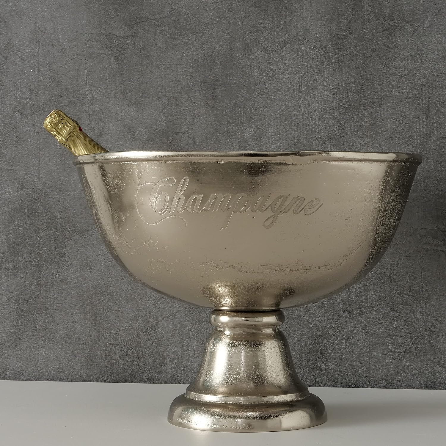 Luxury Champagne Bucket With Old World Panache, Elegant Script Text Details, Hand Cast of Silver Aluminum, Pedestal Base, Party Sized, 18.5 Inches Diameter, 13.5 Inches Tall