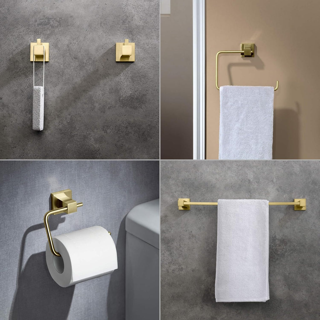 KIBI Cube Bathroom Hardware Set, 5-Piece Accessories Set | 18' Towel Bar, Towel Ring, Toilet Paper Holder, 2 Robe Hooks | Solid Brass Wall Mounted Bathroom Fixtures | Brushed Gold, C-KBA15-5-4