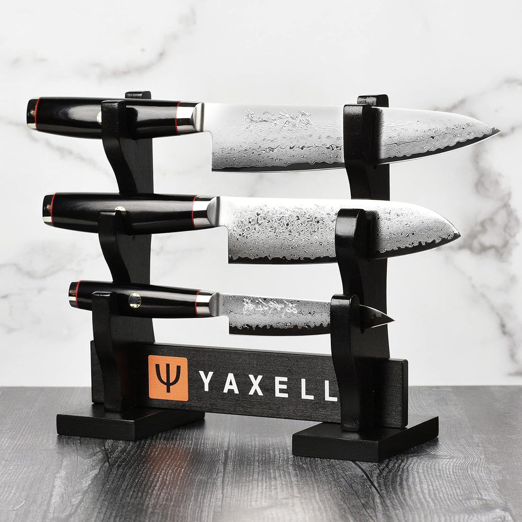 Yaxell Ypsilon SG2 Knife Set, 3 Piece with Katana Stand - 193 Layer Stainless Damascus