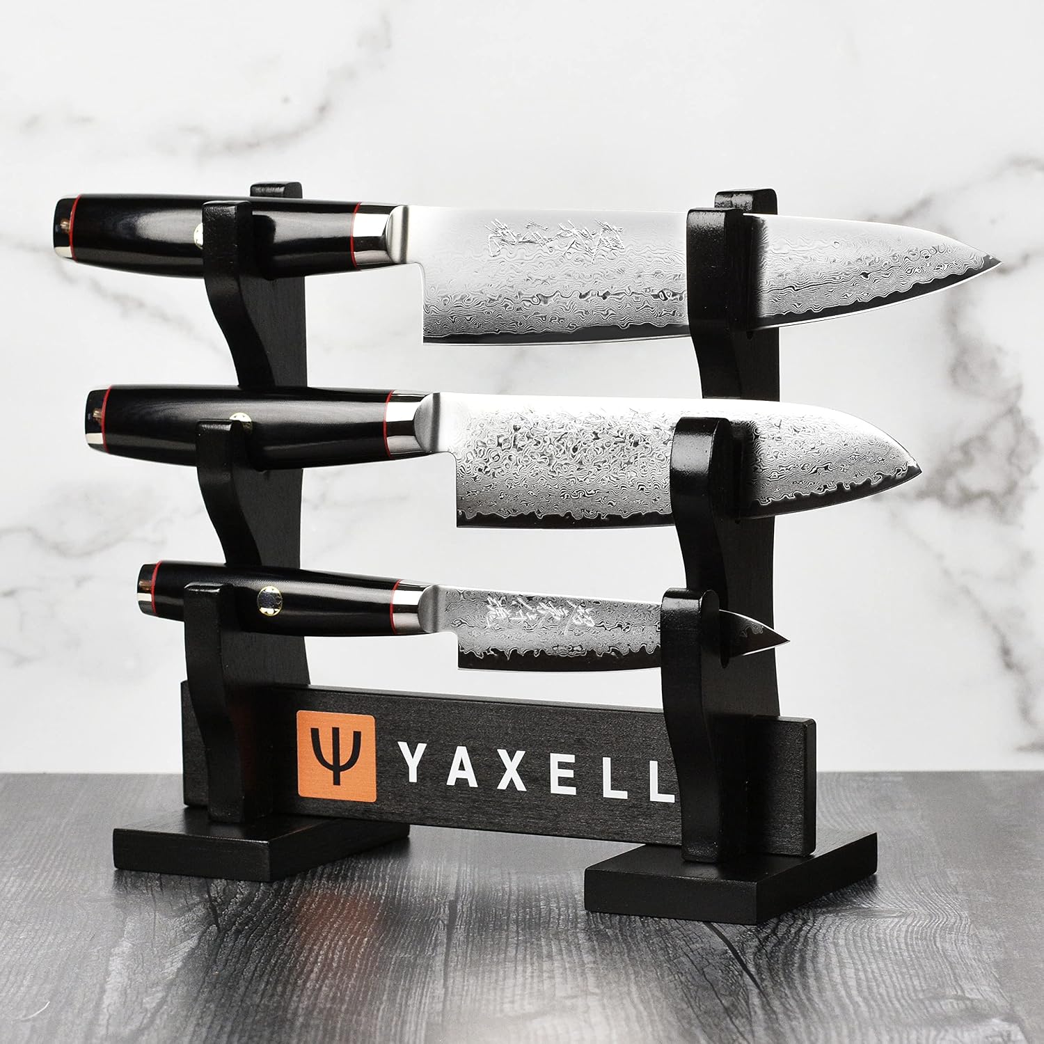 Yaxell Ypsilon SG2 Knife Set, 3 Piece with Katana Stand - 193 Layer Stainless Damascus