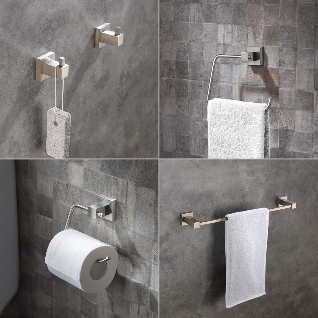 KIBI Cube Bathroom Hardware Set, 5-Piece Accessories Set | 18' Towel Bar, Towel Ring, Toilet Paper Holder, 2 Robe Hooks | Solid Brass Wall Mounted Bathroom Fixtures | Brushed Nickel, C-KBA15-5-4