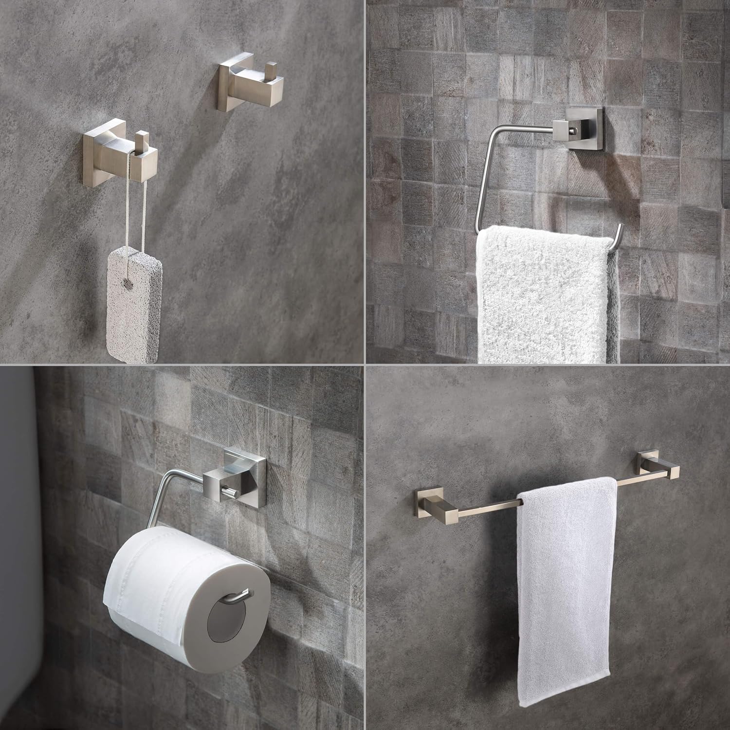 KIBI Cube Bathroom Hardware Set, 5-Piece Accessories Set | 18' Towel Bar, Towel Ring, Toilet Paper Holder, 2 Robe Hooks | Solid Brass Wall Mounted Bathroom Fixtures | Brushed Nickel, C-KBA15-5-4
