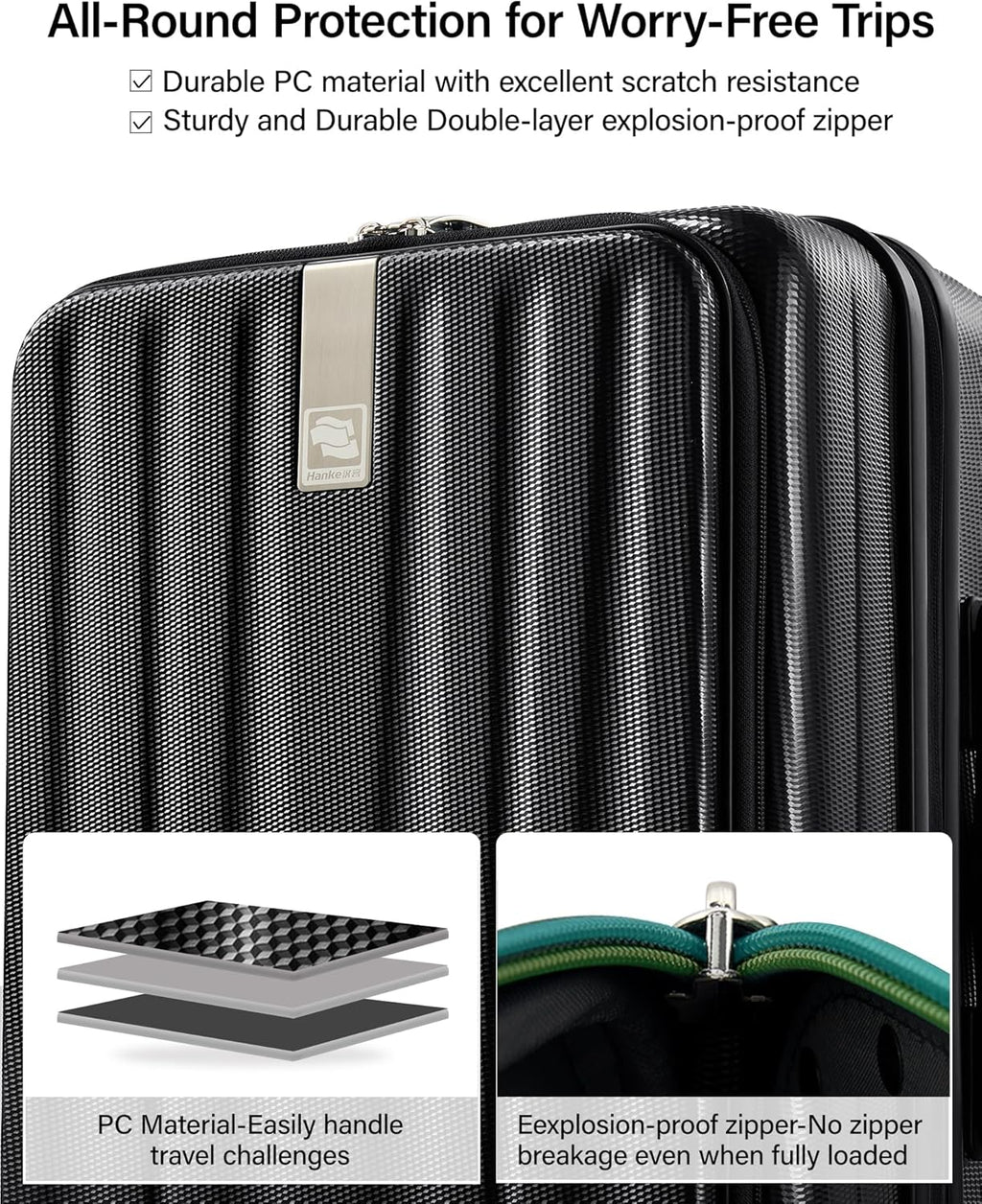 Hanke 26 Inch Expandable Luggage Top Opening Checked Bag Luggage Hard Shell Suitcases with Wheels Lightweight Travel Luggage Heavy Duty Luggage Suitcase with Lock for Woman Men-Jet Black