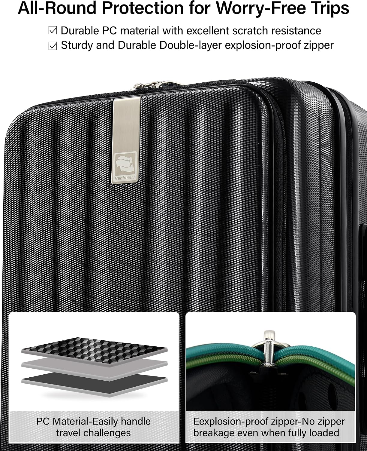 Hanke 24 Inch Expandable Luggage Top Opening Checked Bag Luggage Hard Shell Suitcases with Wheels Lightweight Travel Luggage Medium Suitcase with Lock for Woman Men-Jet Black