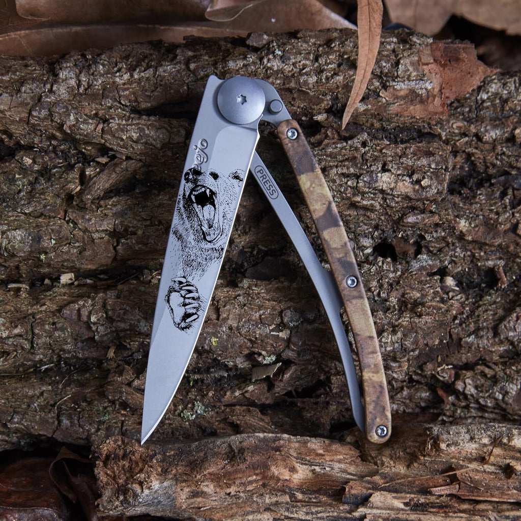 deejo - 37G Folding Pocket Knife with Belt Clip - Grizzly Design, 3.7-Inch Stainless Steel Blade, Brown Camo Handle - Lightweight Everyday Carry for Home, Work, and Outdoor Use