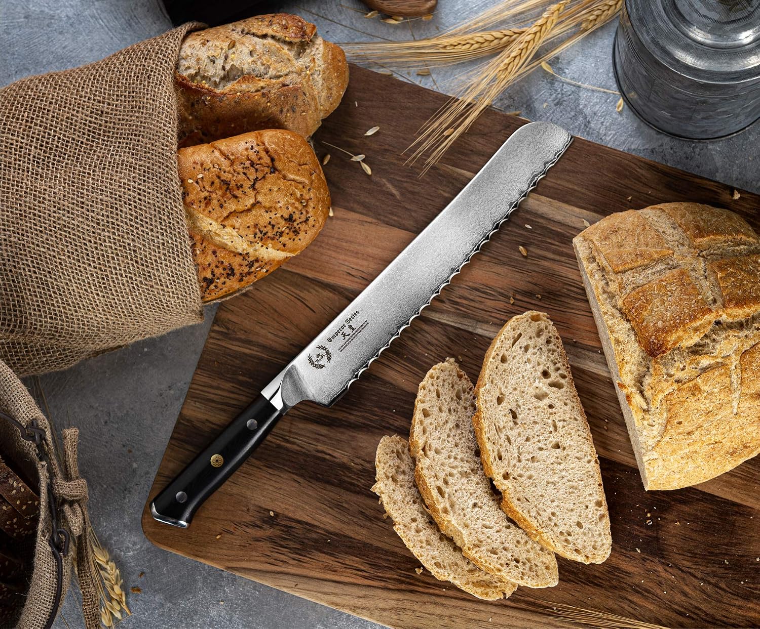 Regalia Bread Knife 10 inch: Professional Serrated Japanese AUS-10 67-Layer Damascus steel ultra sharp blade w/G-10 Ergonomic handle