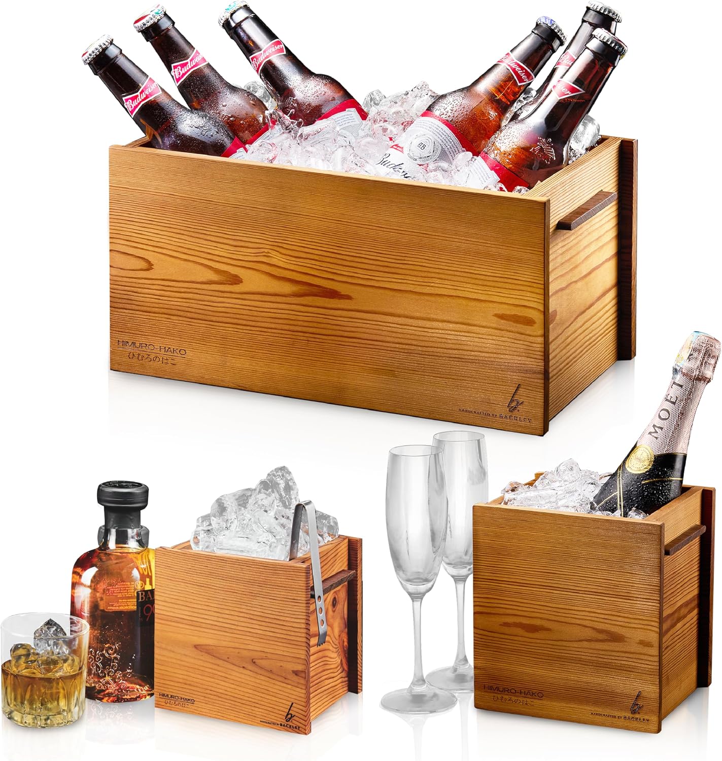 Wooden Ice Bucket for Parties – Insulated Beer & Champagne Cooler, No Condensation – Handcrafted Drink Bucket & Wine Chiller, Hosting Essentials, Mimosa Bar Supplies (Himuro 3-in-1)