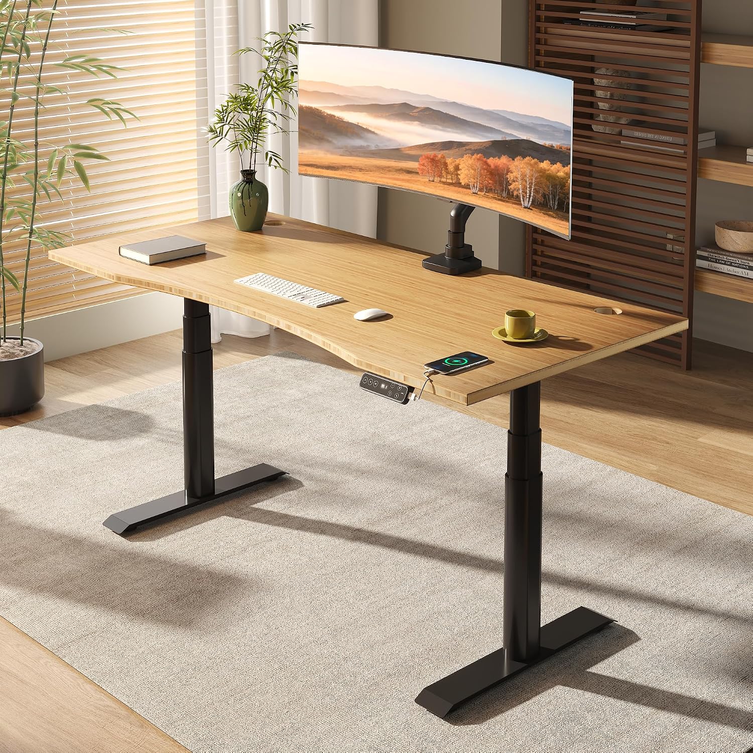 FLEXISPOT E6 Pro 78' x 30' Organic Modern Bamboo Standing Desk, Dual Motor 3-Stage Height Adjustable Desk with Oval Legs, Heavy Duty 330lbs, Bamboo Desktop with Ergonomic Curved Edge, Black Frame