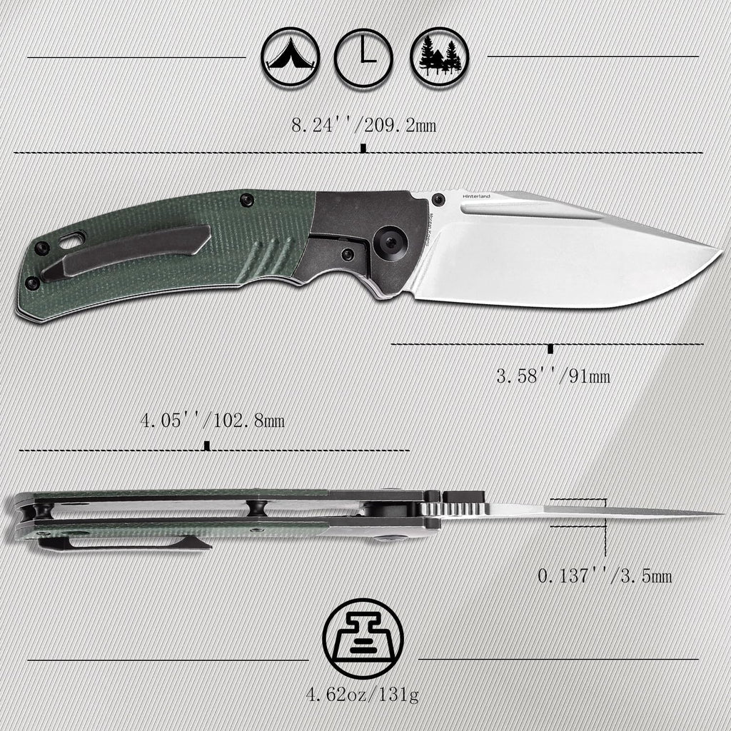 KANSEPT Hinterland Pocket Folding Knives for Men EDC Camping Folding Knife 3.58'' Stonewashed CPM S35VN Blade Pocket Knife with Blackwash Titanium Green Micarta Inlay Handle Everyday Carry K1057A2