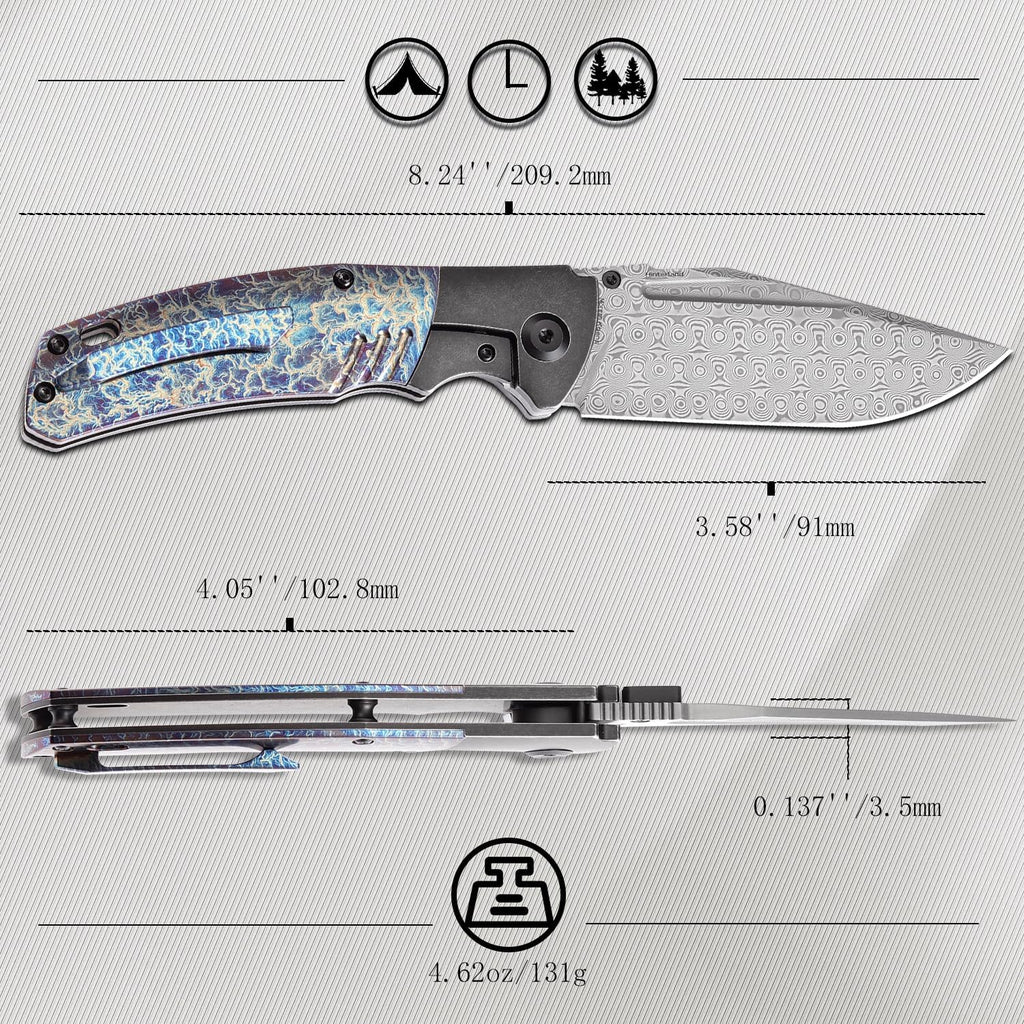 KANSEPT Hinterlan Pocket Folding Knives for Men EDC Camping Folding Knife 3.58'' Damascus Blade with Blackwash Titanium Lightning Strike Finished Titanium Inlay Handle Everyday Carry K1057A6