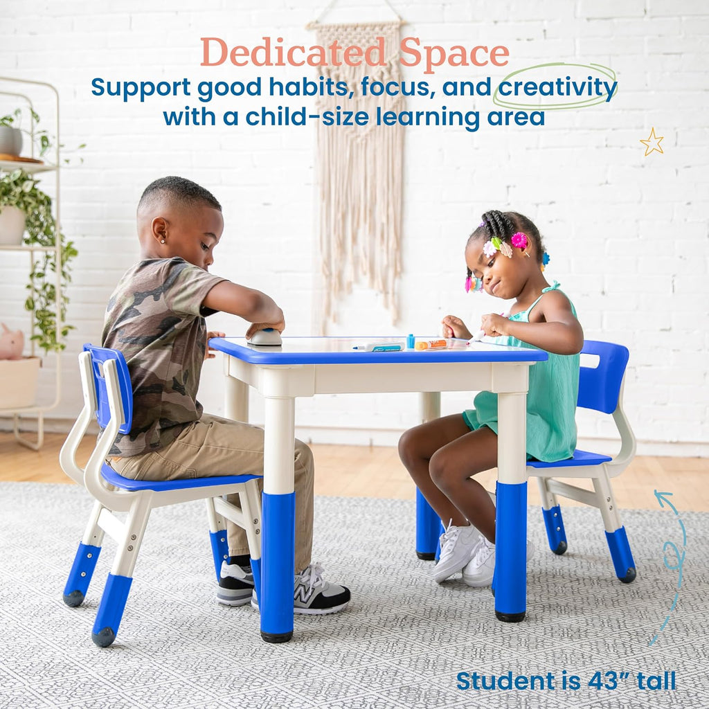 ECR4Kids Dry-Erase Square Activity Table with 2 Chairs, Adjustable, Kids Furniture, Blue, 3-Piece