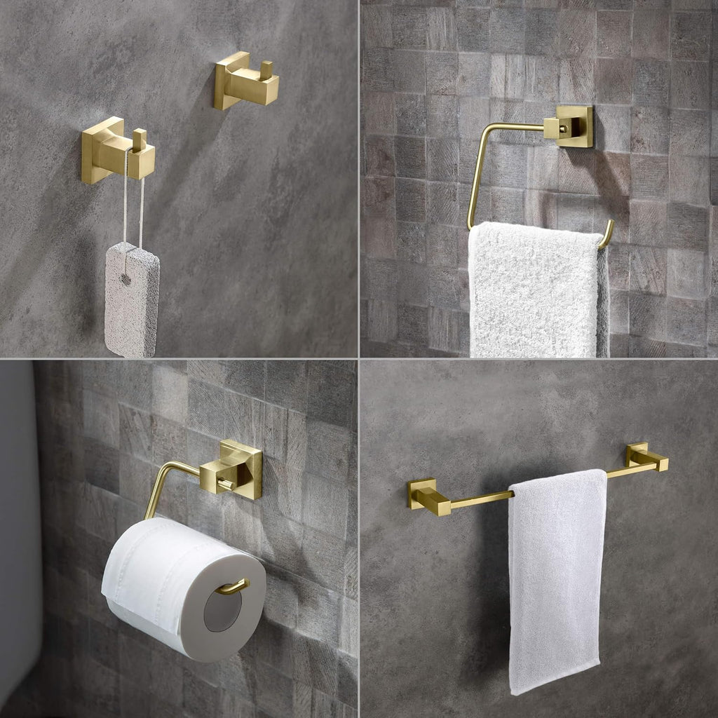 KIBI Cube Bathroom Hardware Set, 5-Piece Accessories Set | 18' Towel Bar, Towel Ring, Toilet Paper Holder, 2 Robe Hooks | Solid Brass Wall Mounted Bathroom Fixtures | Brushed Gold, C-KBA15-5-4
