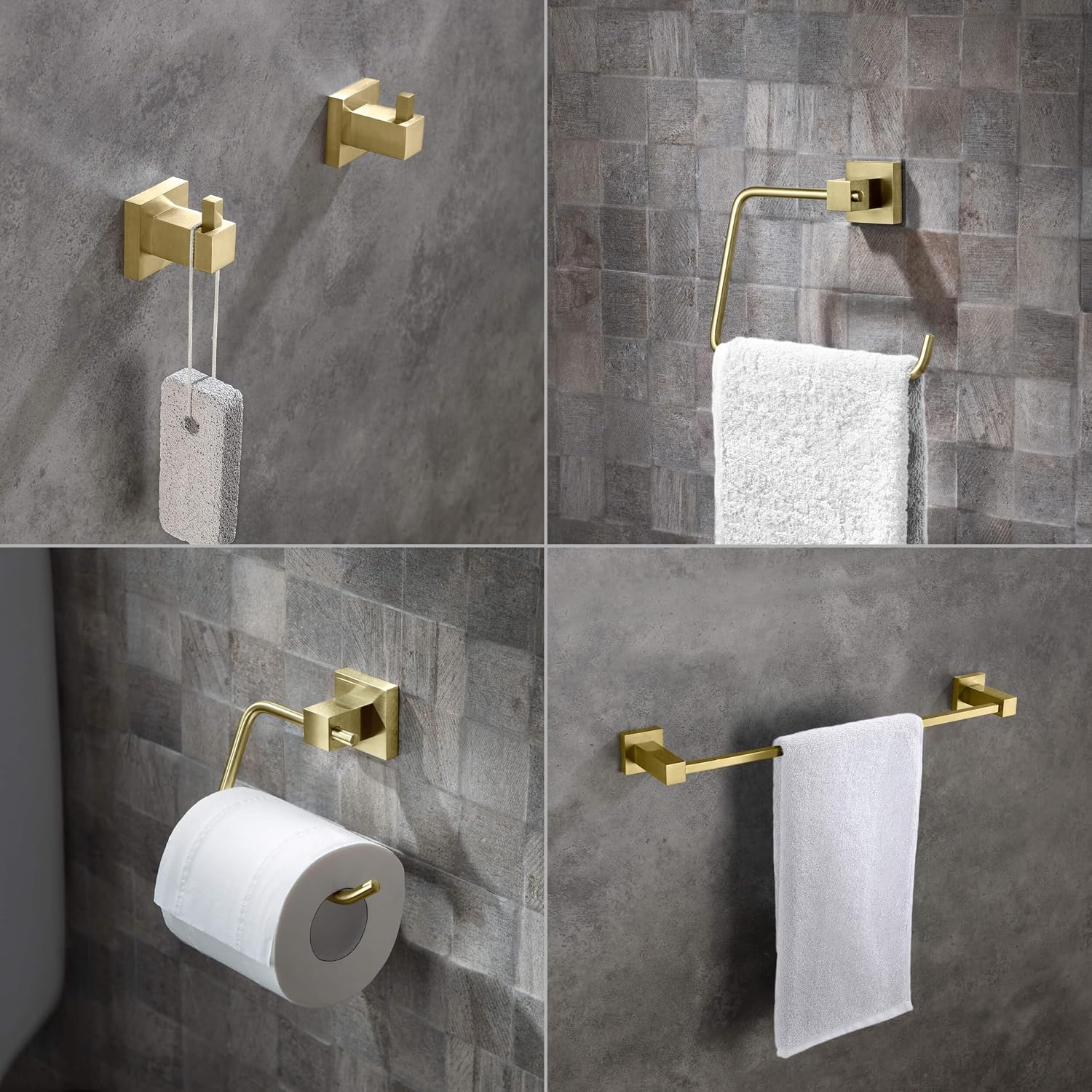 KIBI Cube Bathroom Hardware Set, 5-Piece Accessories Set | 18' Towel Bar, Towel Ring, Toilet Paper Holder, 2 Robe Hooks | Solid Brass Wall Mounted Bathroom Fixtures | Brushed Gold, C-KBA15-5-4