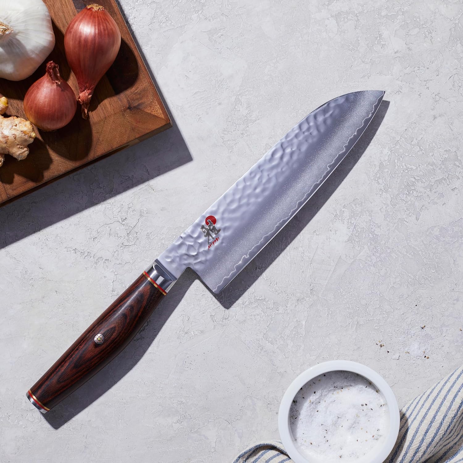 Miyabi Artisan Japanese Santoku Knife, 7-inch, Fine Edge Kitchen Knife, 63 Rockwell hardness, D-shaped, Rosewood Pakkawood handle, Handcrafted in Seki, Japan