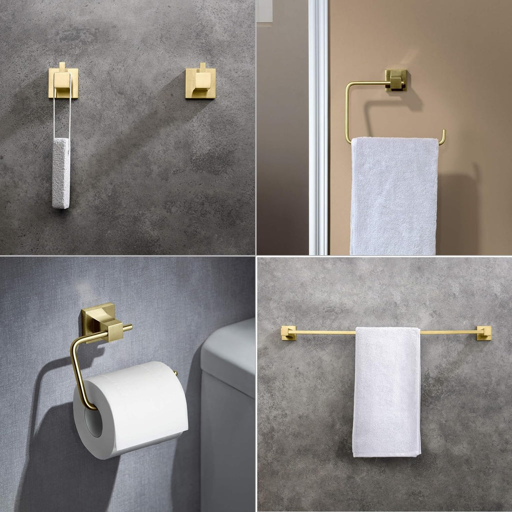 KIBI Cube Bathroom Hardware Set 5 Piece Bathroom Accessories Set | Towel Bar (24'), Towel Ring, Toilet Paper Holder, Robe Hooks (Brushed Gold) (C-KBA15-5-2)