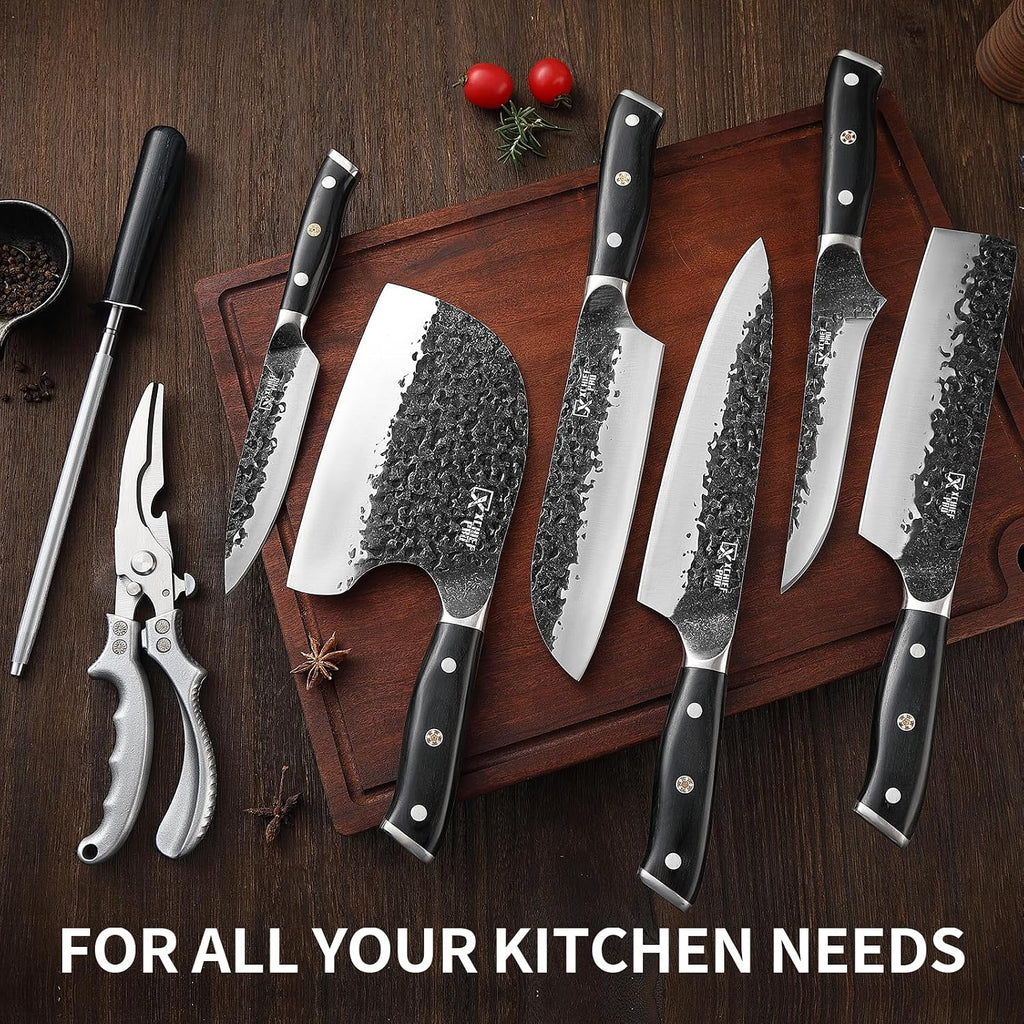 Chef Knife Set, Hand Forged Meat Boning Carving Cleaver Butcher Knife, High Carbon Steel Japan Nakiri Santoku Knife Set with Accessories for Kitchen, BBQ Camping Knives Set with Bag