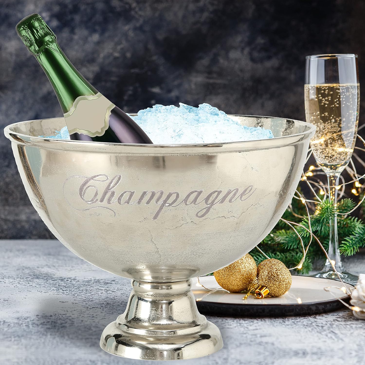 Luxury Champagne Bucket With Old World Panache, Elegant Script Text Details, Hand Cast of Silver Aluminum, Pedestal Base, Party Sized, 18.5 Inches Diameter, 13.5 Inches Tall