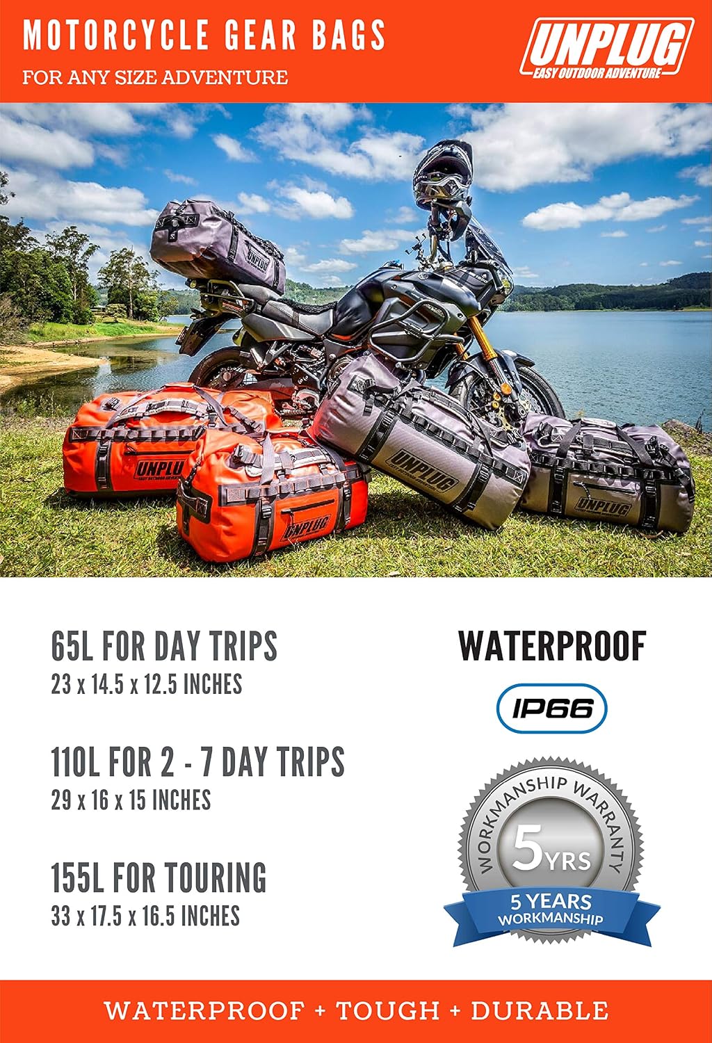 UNPLUG Ultimate Adventure | 1680D Heavy Duty Waterproof Bag | Large Travel Bag which can be Used for Camping, Motorcycling, Boating, or Hunting|110L Storm Grey
