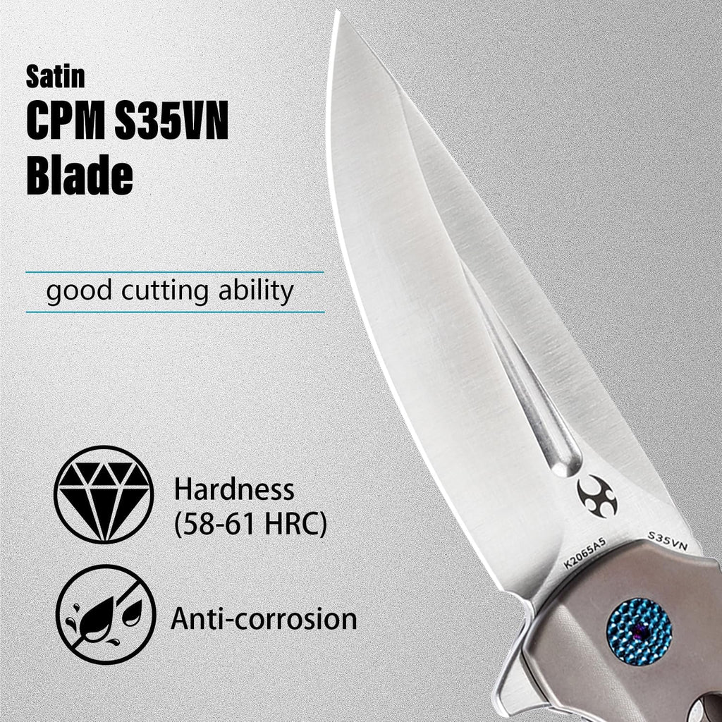 KANSEPT Cassowary Premium Pocket Folding Knives for Men EDC Pocket Knife 2.9'' Satin CPM S35VN Blade Excellent Folding Knife with Bronzed Anodized Titanium Handle EDC K2065A5