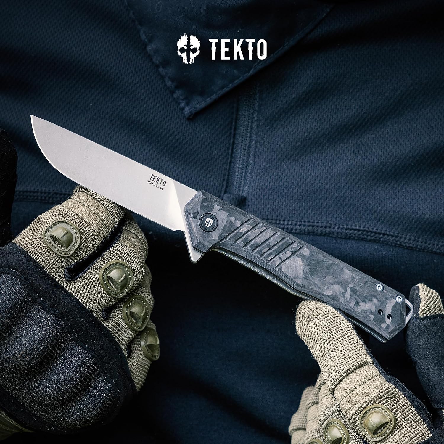TEKTO F1 Alpha Folding Pocket Knife - Modified Straight Back Blade, Titanium Coated D2 Steel, Tactical Knife, EDC Folding Pocket Knives for Camping & Hunting - Forged Carbon, Silver Titanium Accents
