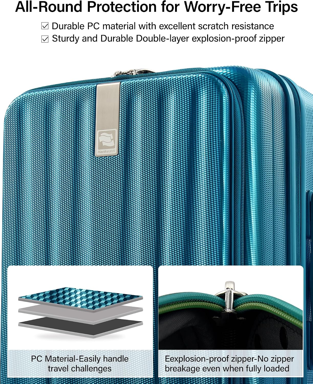 Hanke 24 Inch Expandable Luggage Top Opening Checked Bag Luggage Hard Shell Suitcases with Wheels Lightweight Travel Luggage Medium Suitcase with Lock for Woman Men-Caribbean Blue
