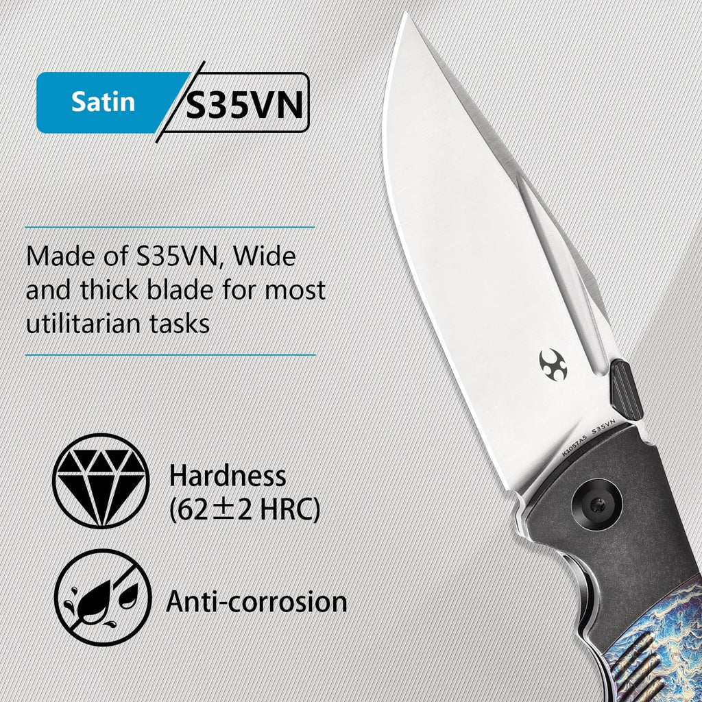 KANSEPT Hinterland Pocket Folding Knives for Men EDC Camping Folding Knife 3.58'' Satin CPM S35VN Blade Pocket Knife with Blackwash Titanium Lightning Strike Finished Titanium Inlay Handle K1057A5