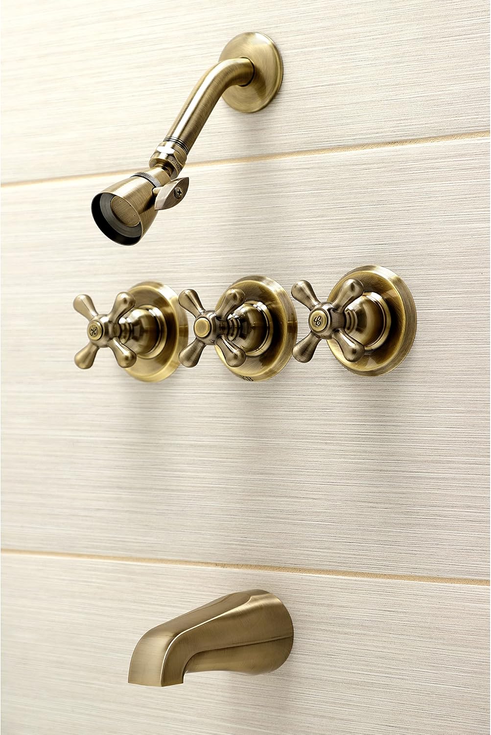 Kingston Brass KB233AXAB Victorian Triple-Handle Tub and Shower Faucet in Antique Brass