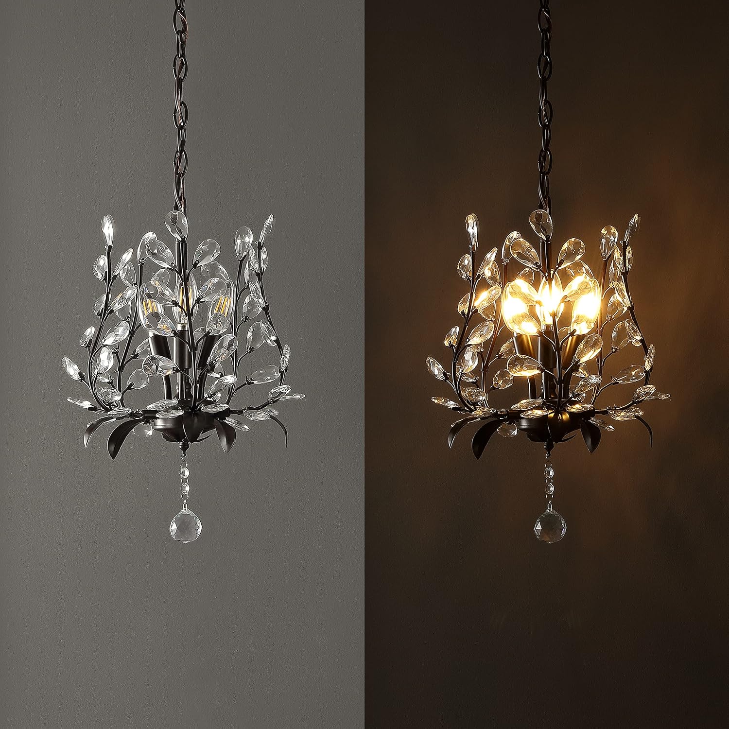 JONATHAN Y 12' Oil Rubbed Bronze 3-Light Bohemian Pendant Light, Vintage LED Branch Ceiling Fixture for Kitchen Island Bedroom Bathroom, Clear Acrylic Crystals JYL9551A