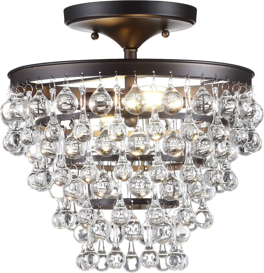 JONATHAN Y 13' Oil Rubbed Bronze Metal LED Flush Mount Ceiling Light Fixture, Clear Crystal Drum Shade for Bedroom Hallway, Modern Glam Chandelier, LED Bulb Included (JYL9029A)