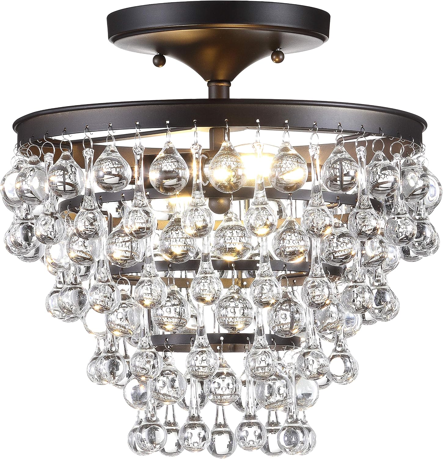 JONATHAN Y 13' Oil Rubbed Bronze Metal LED Flush Mount Ceiling Light Fixture, Clear Crystal Drum Shade for Bedroom Hallway, Modern Glam Chandelier, LED Bulb Included (JYL9029A)