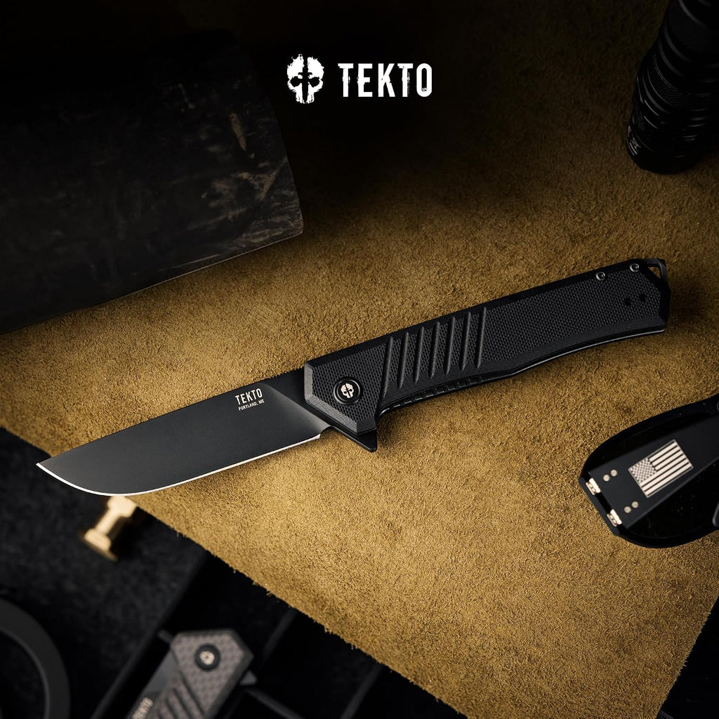 TEKTO F1 Alpha Folding Pocket Knife - Modified Straight Back Blade, Titanium Coated D2 Steel, Tactical Knife, EDC Folding Pocket Knives for Camping, Hunting & Backpacking - G10 Black, Black Accents