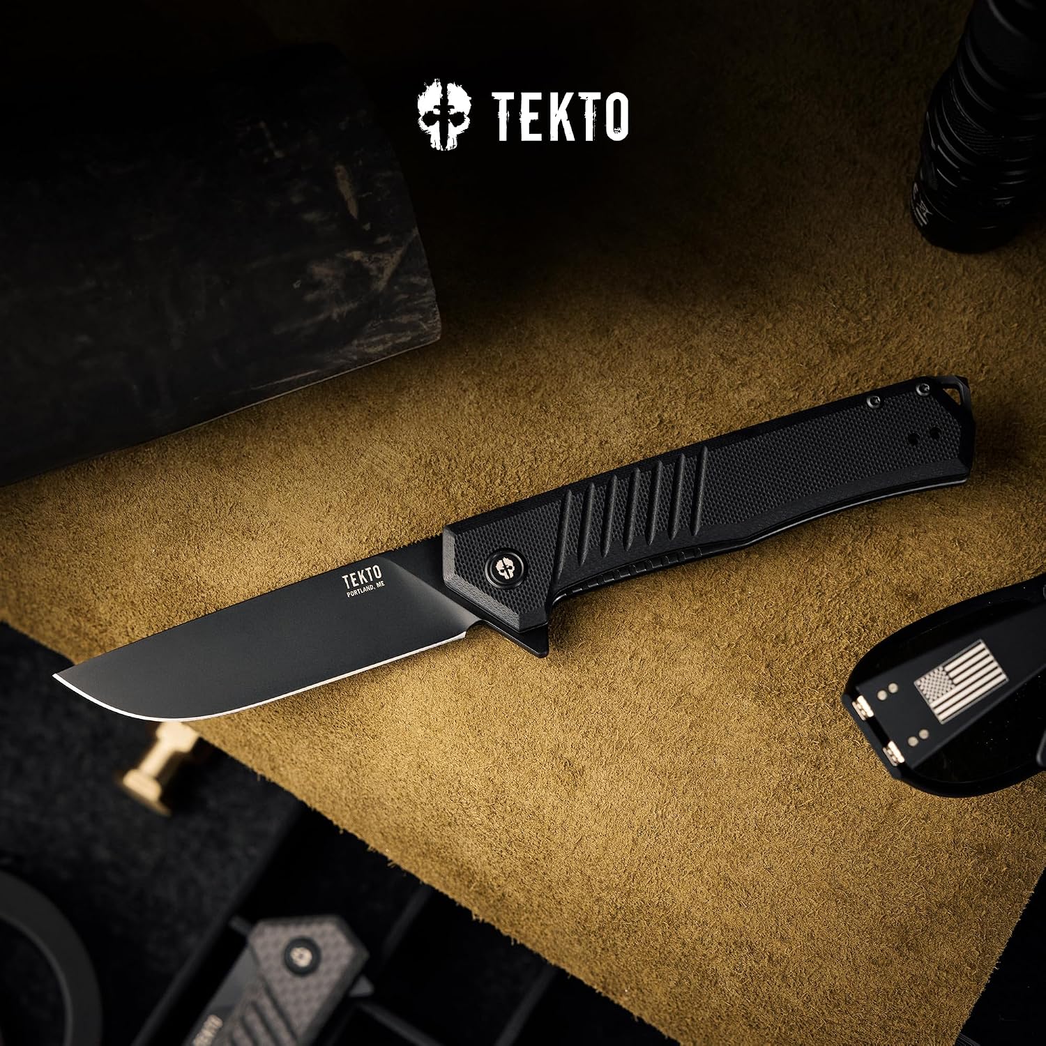 TEKTO F1 Alpha Folding Pocket Knife - Modified Straight Back Blade, Titanium Coated D2 Steel, Tactical Knife, EDC Folding Pocket Knives for Camping, Hunting & Backpacking - G10 Black, Black Accents
