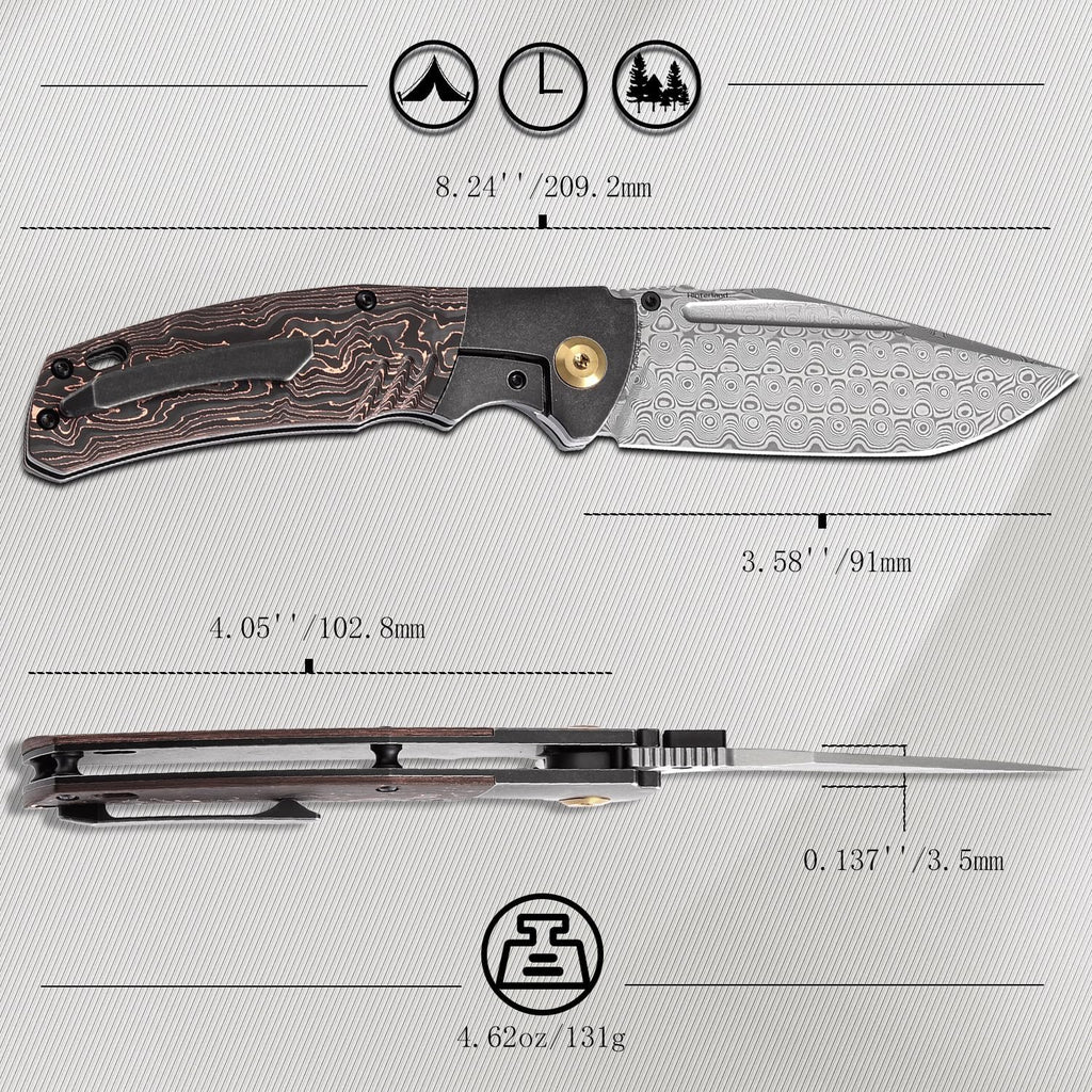 KANSEPT Hinterland Pocket Folding Knives for Men EDC Camping Folding Knife 3.58'' Damascus Blade Pocket Knife with Blackwash Titanium + Copper Carbon Fiber Handle Everyday Carry K1057A3