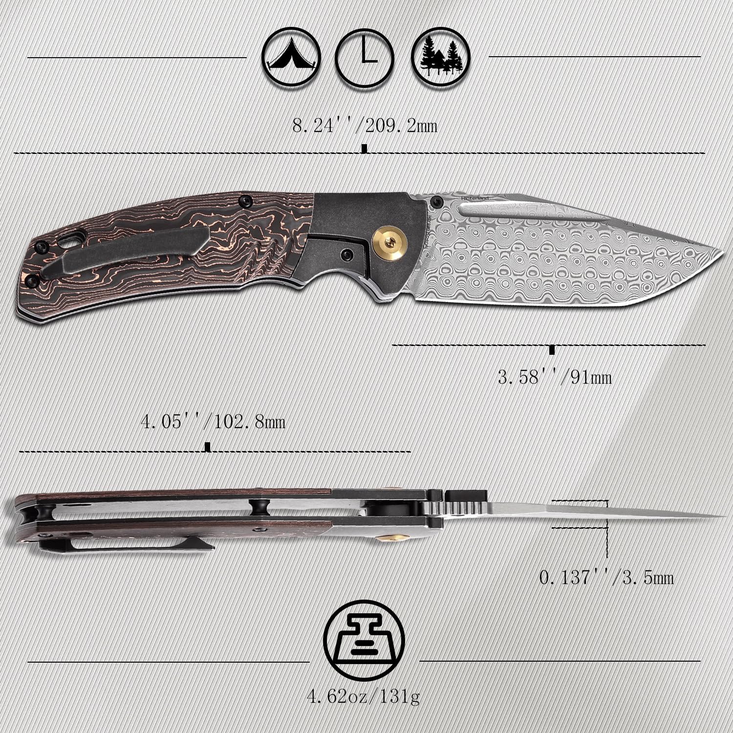 KANSEPT Hinterland Pocket Folding Knives for Men EDC Camping Folding Knife 3.58'' Damascus Blade Pocket Knife with Blackwash Titanium + Copper Carbon Fiber Handle Everyday Carry K1057A3