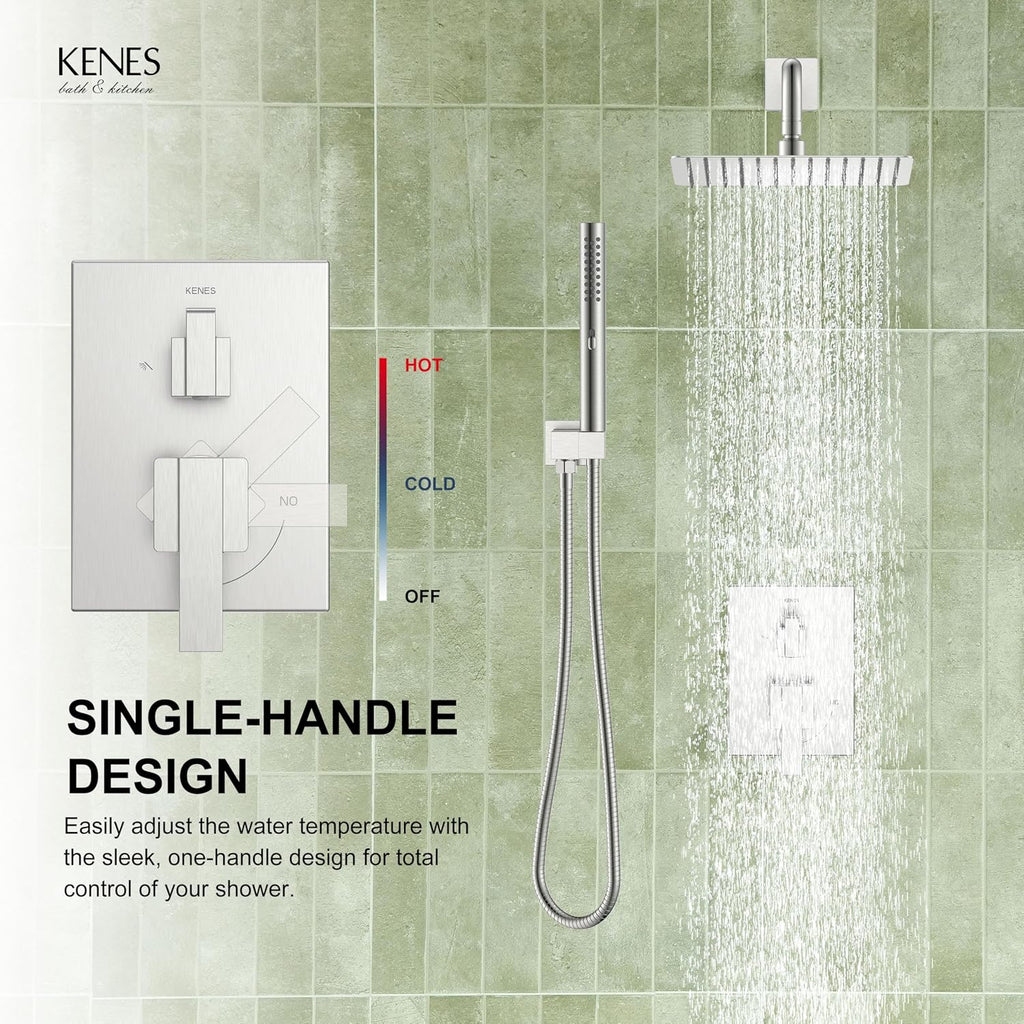 KENES Square Rainfall Shower System Faucet Set, Brushed Nickel Rain Shower Head and Handle Set, 10 Inch Stainless Shower Head with Handheld Spray (Shower Valve Included), LJ-6026A