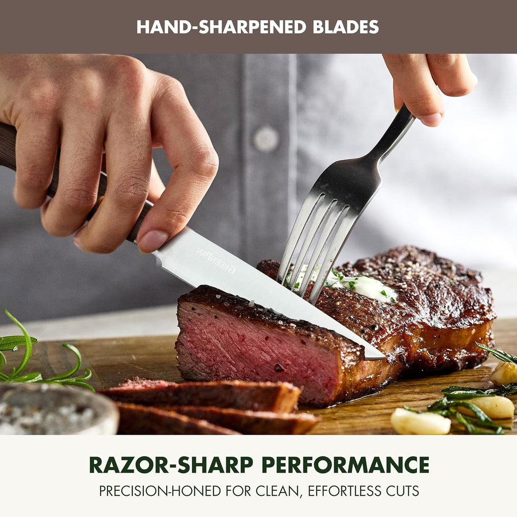 GreenPan Elite 13 Piece Wooden Knife Block Set, Professional Stainless Steel Blades with Titanium Coating, Ultra-Sharp Kitchen Cutlery, Chef, Santoku, Bread & Steak Knives, Ergonomic Brown Wood Handle
