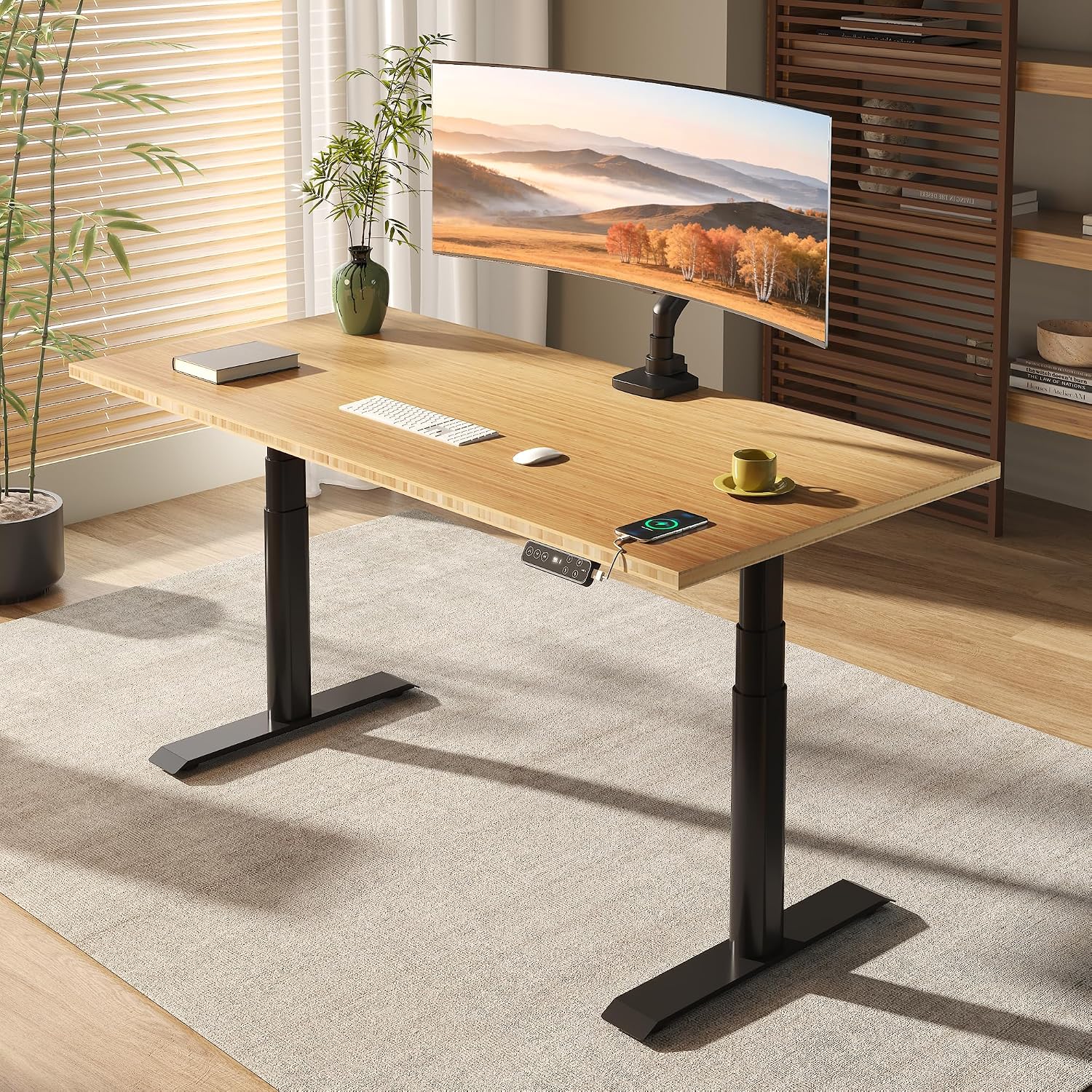 FLEXISPOT E6 Pro Large 60' x 30' Organic Modern Bamboo Standing Desk, Electric Dual Motor 3-Stage Height Adjustable Desk with Oval Legs, Heavy Duty 330lbs, Bamboo Desktop, Black Frame