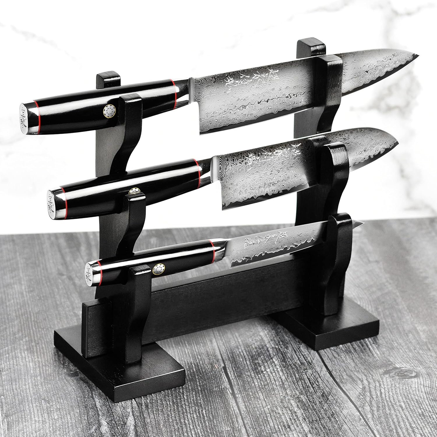 Yaxell Ypsilon SG2 Knife Set, 3 Piece with Katana Stand - 193 Layer Stainless Damascus