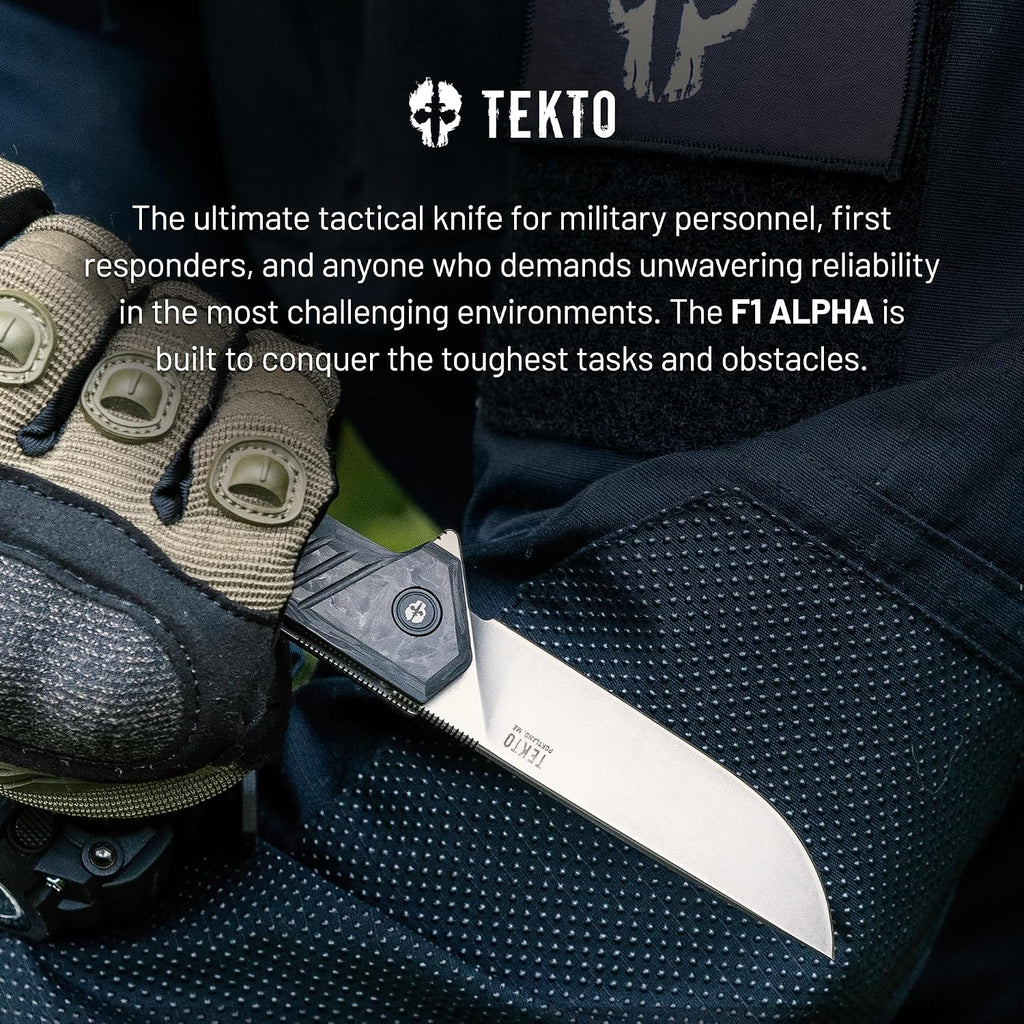 TEKTO F1 Alpha Folding Pocket Knife - Modified Straight Back Blade, Titanium Coated D2 Steel, Tactical Knife, EDC Folding Pocket Knives for Camping & Hunting - Forged Carbon, Silver Titanium Accents