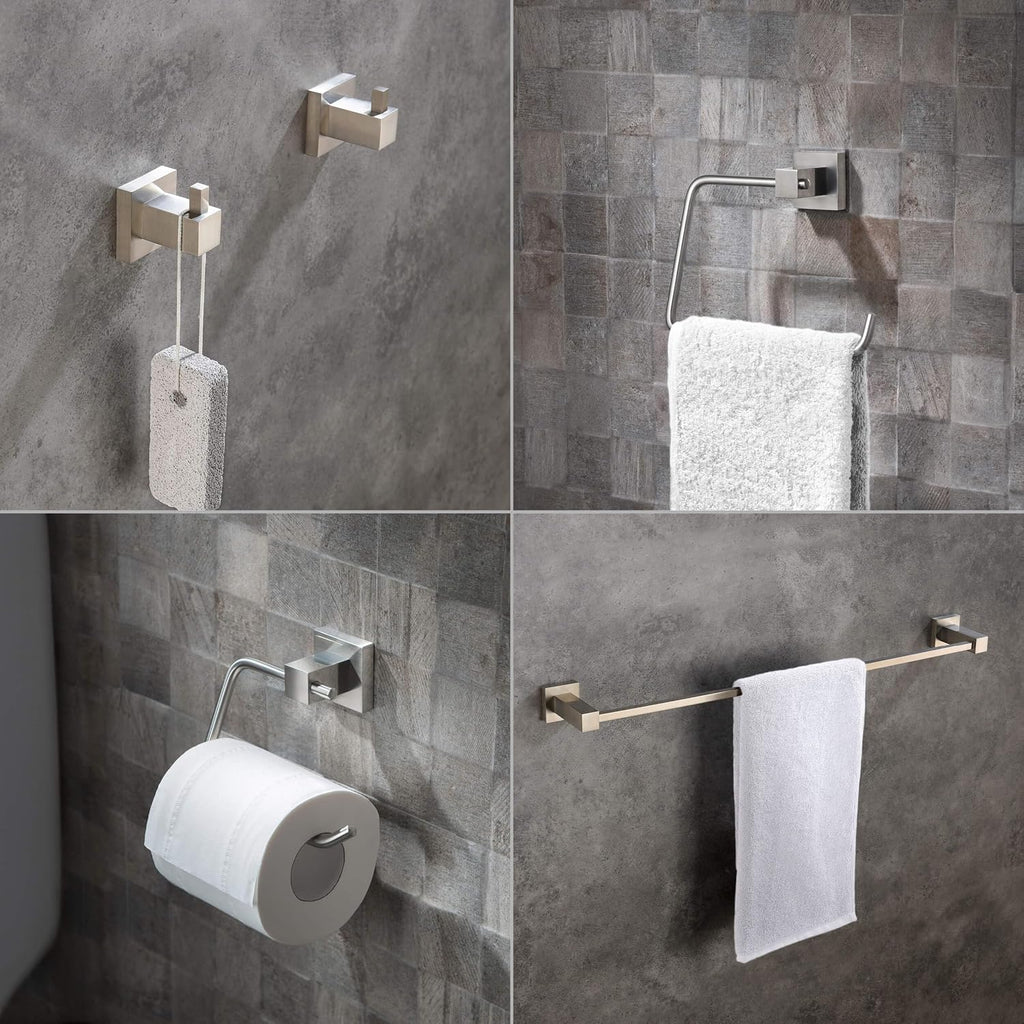 KIBI Cube 5 Piece Brushed Nickel Bathroom Hardware Set | Towel Bar (24'), Towel Ring, Toilet Paper Holder, Robe Hooks | Towel Holder & Toilet Paper Roller for Bathroom (C-KBA15-5-2)