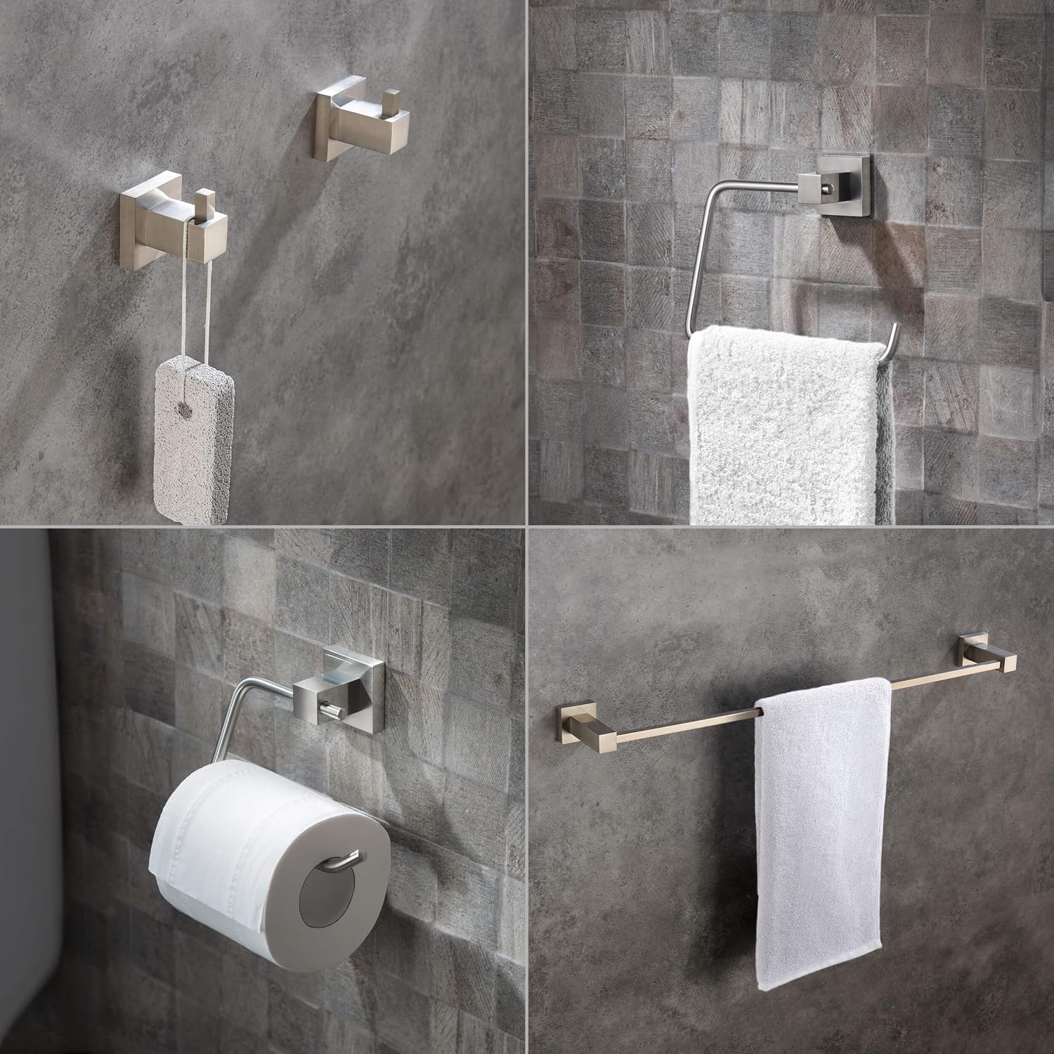 KIBI Cube 5 Piece Brushed Nickel Bathroom Hardware Set | Towel Bar (24'), Towel Ring, Toilet Paper Holder, Robe Hooks | Towel Holder & Toilet Paper Roller for Bathroom (C-KBA15-5-2)