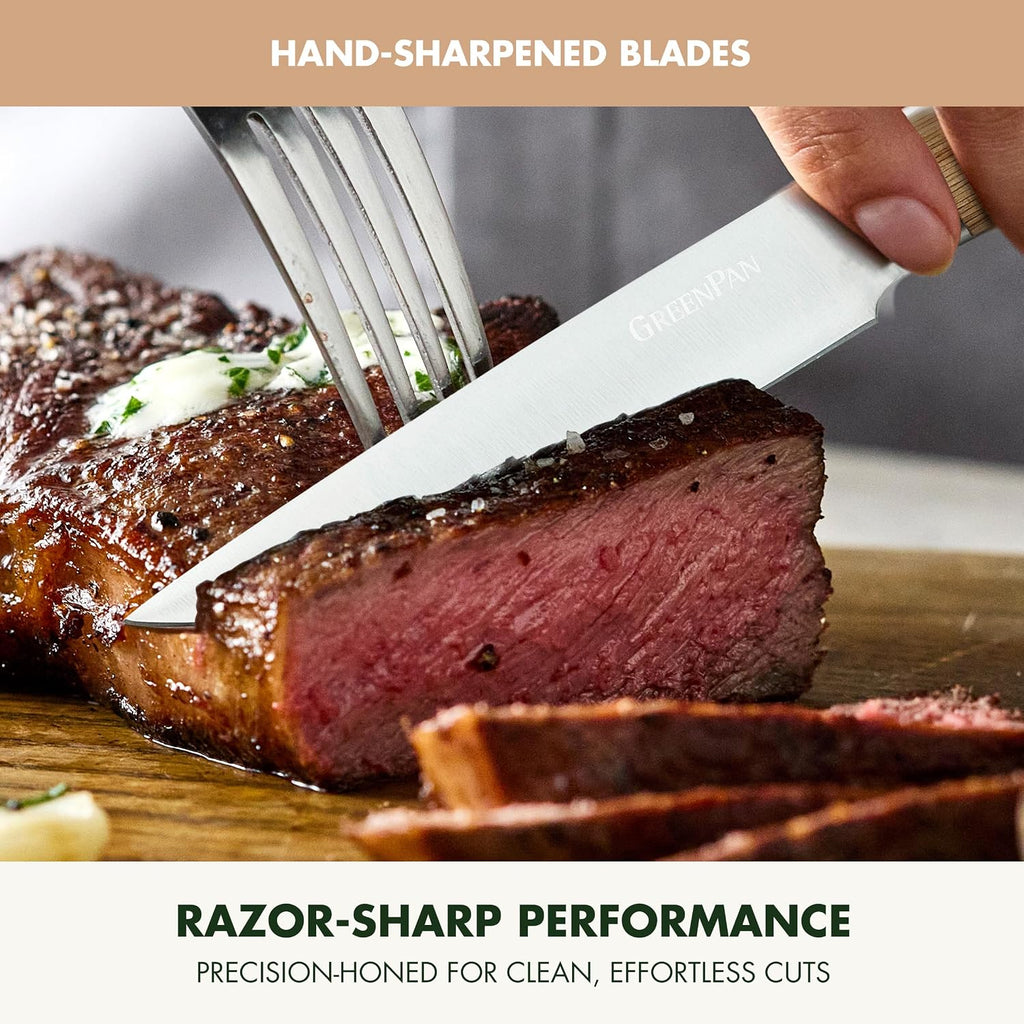 GreenPan Elite 8 Piece Steak Knife Set, Professional Stainless Steel Blades with Titanium Coating, Ultra-Sharp Dining Knives, Kitchen Cutlery, Ergonomic Wood Handles, Wooden Storage Box