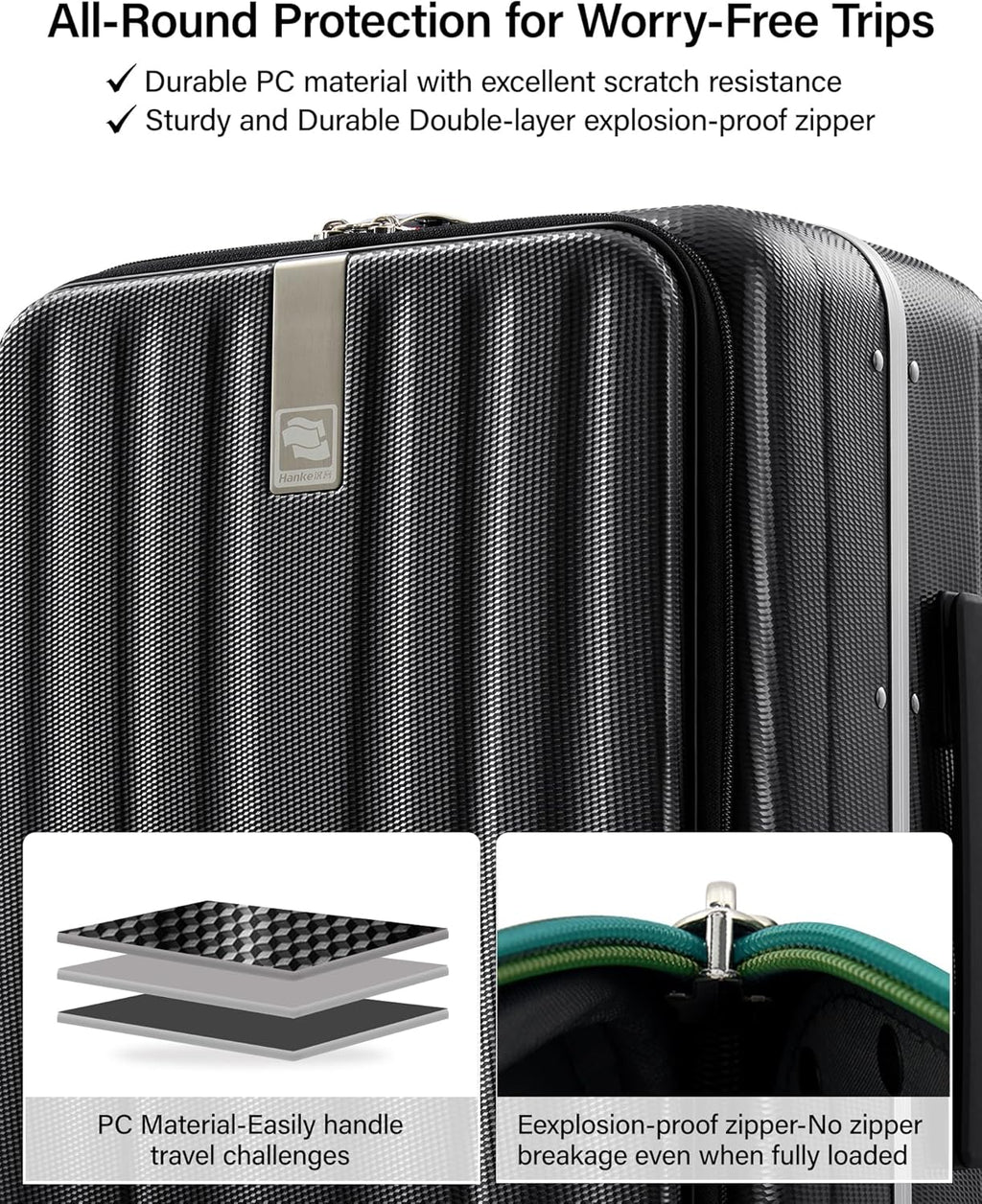 Hanke 20 Inch Carry-On Luggage PC Hard Shell Suitcases for Travel Front Opening Aluminum Frame Travel Luggage Rolling Suitcase with Wheels for Women Man Gifts.(Jet Black)