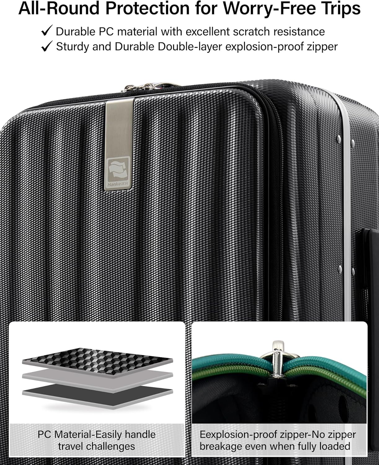 Hanke 20 Inch Carry-On Luggage PC Hard Shell Suitcases for Travel Front Opening Aluminum Frame Travel Luggage Rolling Suitcase with Wheels for Women Man Gifts.(Jet Black)