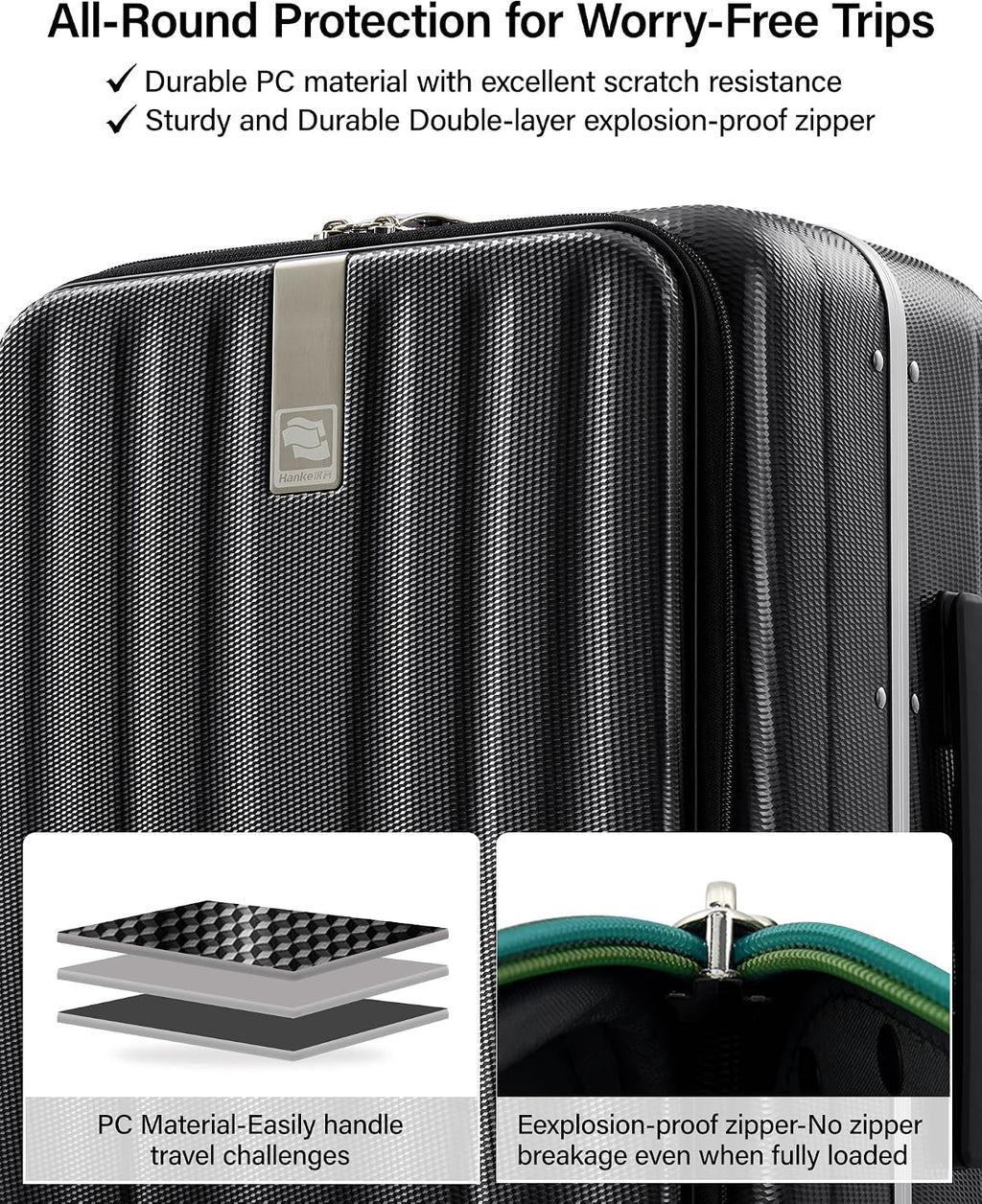 Hanke 24 Inch Checked Luggage PC Hard Shell Suitcases for Travel Front Opening Aluminum Frame Travel Luggage Rolling Suitcase with Wheels.(Jet Black)