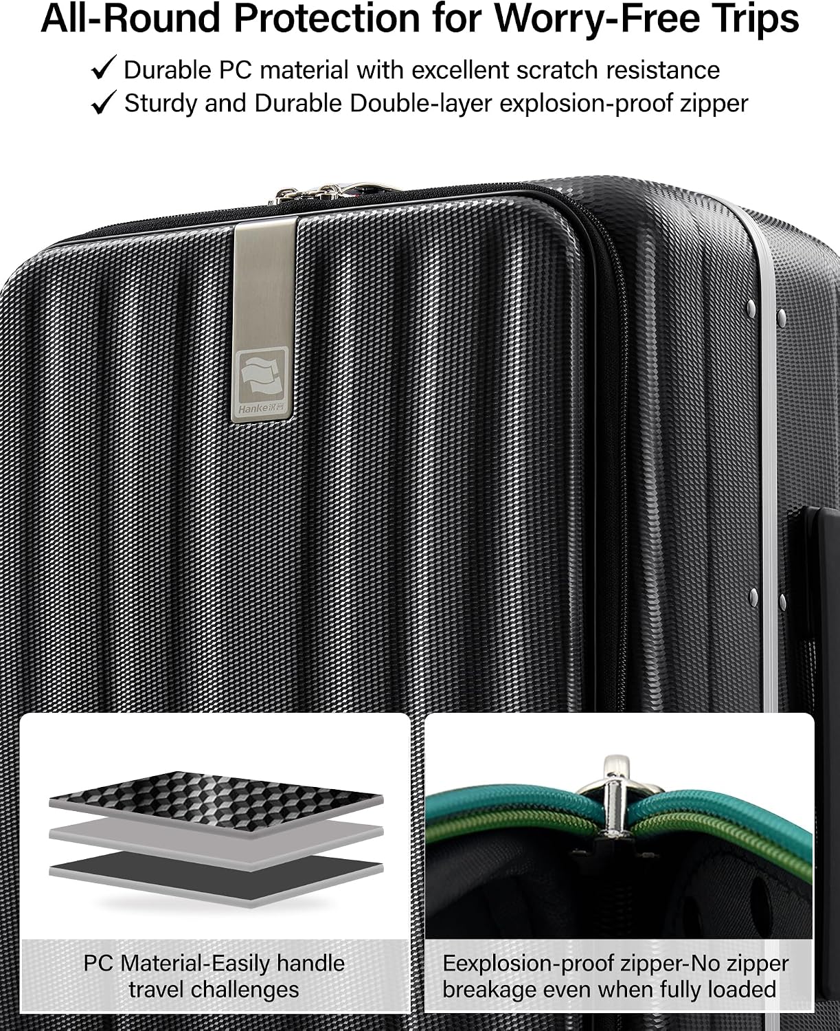 Hanke 24 Inch Checked Luggage PC Hard Shell Suitcases for Travel Front Opening Aluminum Frame Travel Luggage Rolling Suitcase with Wheels.(Jet Black)