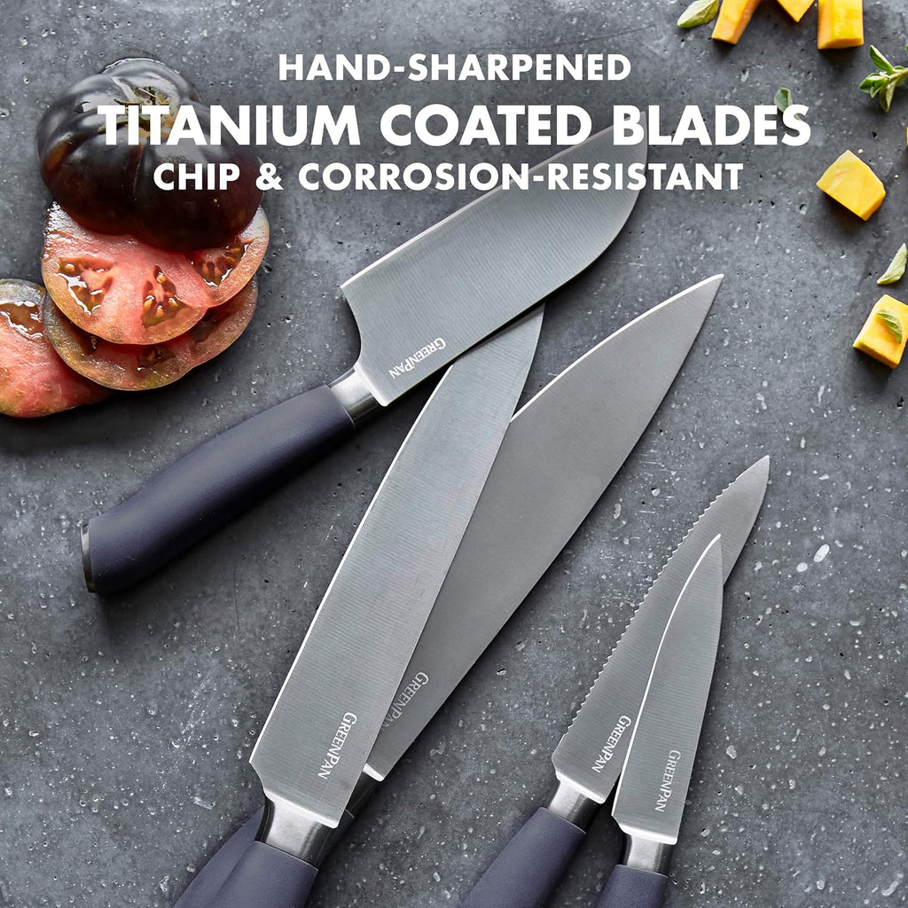 GreenPan 16-Piece Knife Block Set, Professional Stainless Steel Blades with Titanium Coating, Ultra-Sharp Kitchen Cutlery, Chef, Santoku, Bread & Steak Knives, Ergonomic Grip, Slip Resistant, Gray